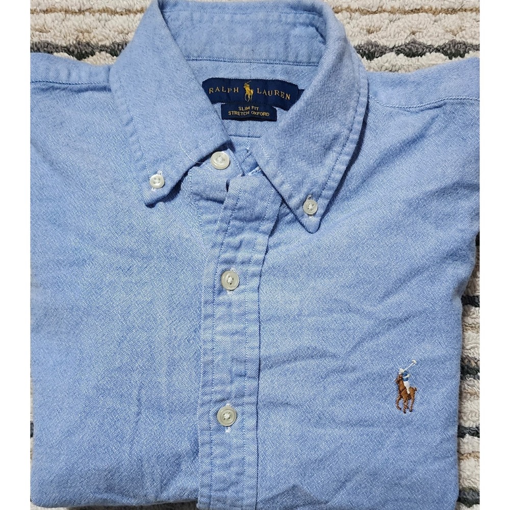 Ralph Lauren Men's Blue Slim Fit Stretch Button Up Oxford LS Shirt Size Small